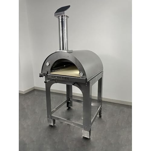 Forno ibrido legna gas Alfonso 4 Pizze, tetto inox lucido e carrello con ruote, 2 pirometri, portina chiuderna – (Bruciatore GPL)