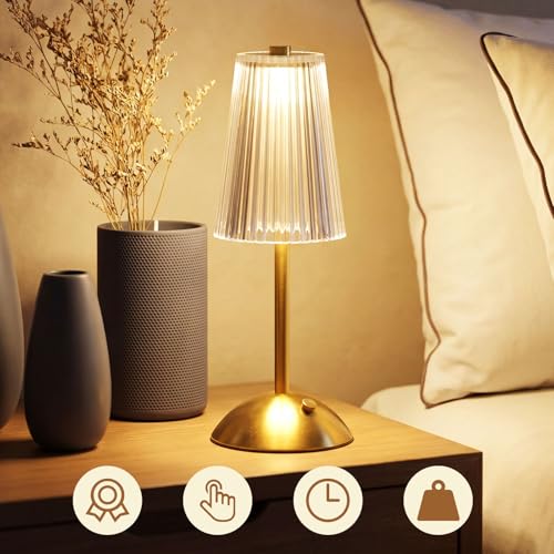 Image of Liliful 2 Pcs Cordless Table Lamp Rechargeable Touch LED Small Gold Portable Battery Operated USB-c Desk Lamp 3 Color Dimmable for Bedroom Living Room Dining (Gold,Small Stripes)