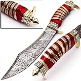 Skokie Knives Custom Hand Made Damascus Steel Hunting Bowie Knife Handle Camel Bone (Red)