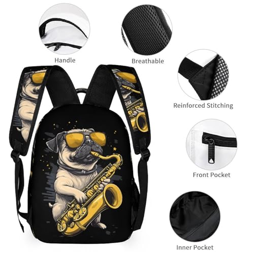 Saxophone Pug Dog Jazz Music Travel Backpack Lunch Box Pencil Case 3Pcs Set for Men Women Office Outing University3