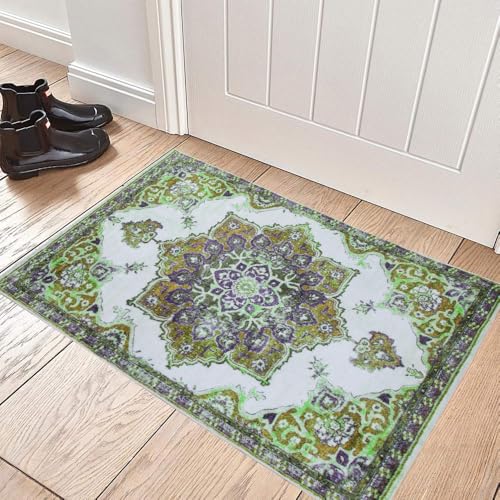 ABWXN Rug Green 60x90 Washable Non Slip Rugs, Small Rug Low Pile Vintage rugs, Boho Entryway Carpet for Bedroom Living Room Kitchen Bathroom