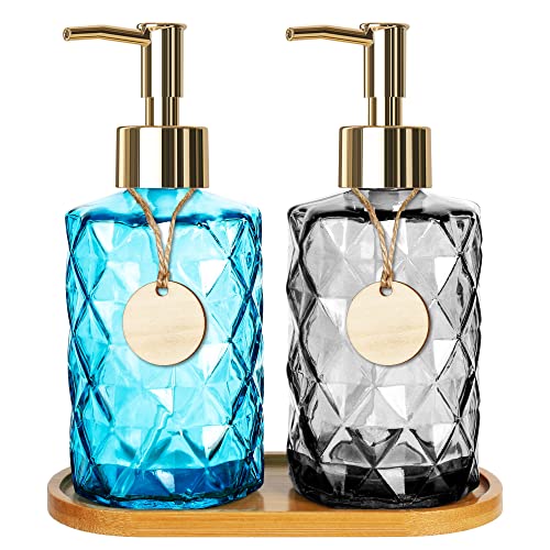 Arrozon Soap Dispenser, Bathroom Soap Dispenser Set, 2 Pack 11.6Oz Dish & Hand Glass Soap Dispenser with Pump, Bamboo Tray and Wooden Sticker, Lotion Dispenser for Bathroom & Kitchen Decor