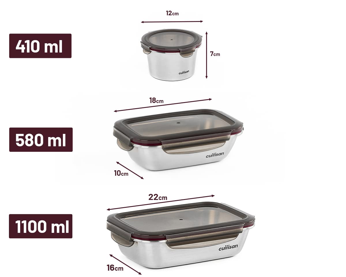 WK WARMCOOK Cuitisan - Confezione da 3 contenitori per alimenti in acciaio inox, adatti al microonde, 410, 580 e 1100 ml