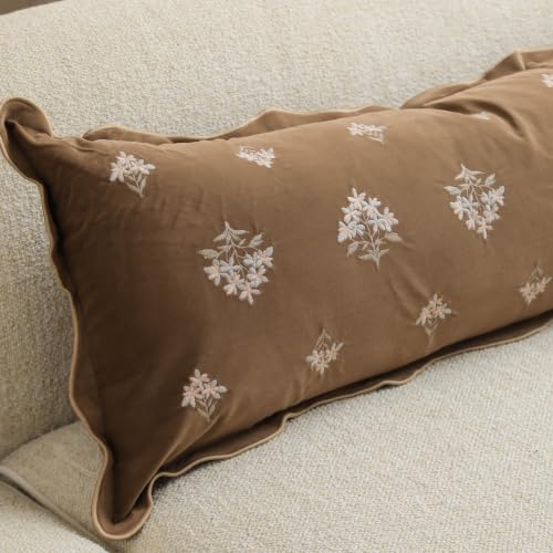 BlissBlush Long Lumbar Pillow Cover 14x36 for Bed, Brown Velvet Decorative Lumbar Pillow Cover, Floral Accent Cushion Cover with Embroidery and Scalloped Edge for Couch Sofa Bed, Cover ONLY - image 7