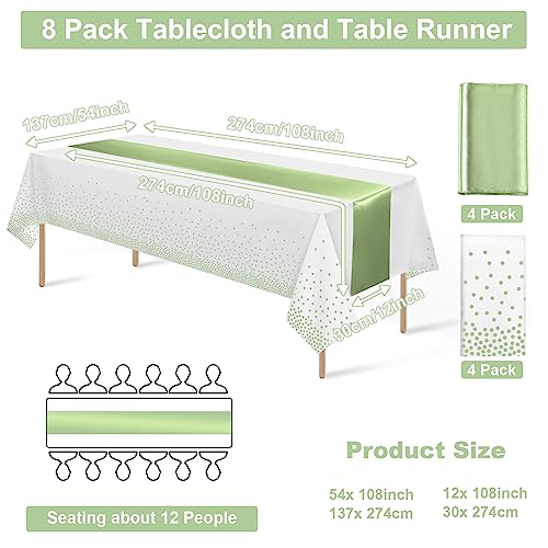 8Pack Plastic Tablecloths and Satin Table Runner Set Disposable White and Sage Green Dot Table Cloth Green Satin Table Runner for Wedding Birthday Baby Shower Anniversary Holiday Party Decorations by MASHAN - Used condition - Image 2