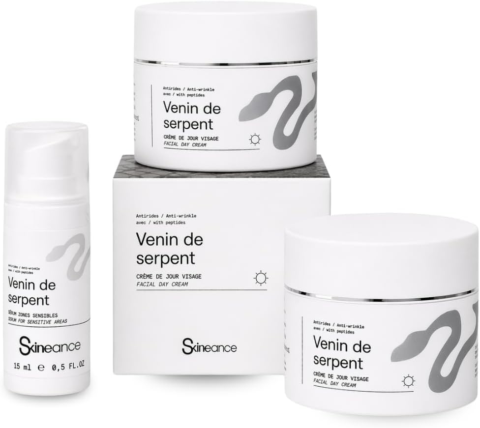 SKINEANCE - Serum and pack of 2 Snake Venom Creams - Anti-ageing active ingredients - Reduces expression lines, fine lines, puffiness and dark circles...