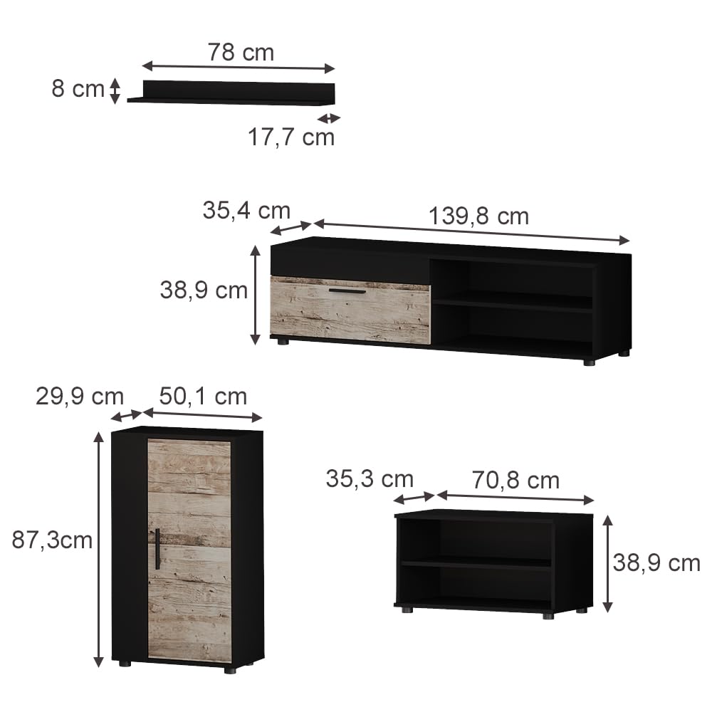 Vicco Parete attrezzata soggiorno Berno, Nero/Rovere sabbia, Set da 4 pezzi