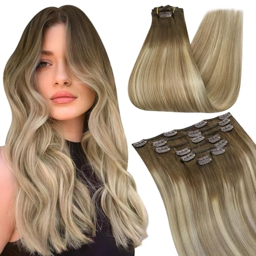 Extension a clip cheveux naturel humain ombre balayage marron blond Ugeat 105g