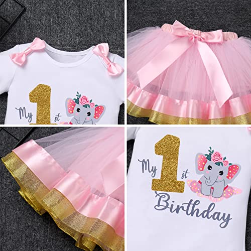 Idopip Elephant 1St Birthday Outfit For Baby Girl Elephant Romper + Ruffle Tulle Tutu Skirt + Headband 3Pcs Clothes Set For Elephant Theme Jungle Zoo Birthday Cake Smash Photo Shoot Pink 1 Year #TOP5