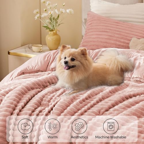 Image of BEDELITE Fleece Oversized Queen Comforter Set -Super Soft & Warm Fluffy Dusty Pink Bedding, Luxury Fuzzy Heavy Bed Set for All Season with 2 Pillow Cases