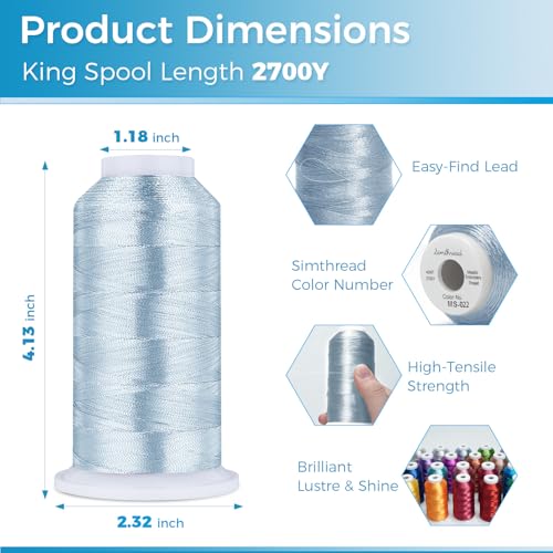 Image of Simthread 2700 Yards Metallic Embroidery Machine Thread - Baby Blue MS-022, 40wt High-Sheen King Spool, Smooth Running & Break Resistant for Commercial & Home Embroidery Machines