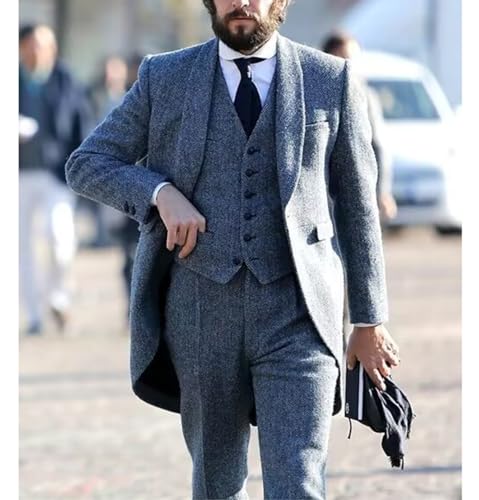 Tweed Mens Tailcoat 3 Pieces Herringbone Suits Prom Tuxedos Wedding Groomsmen Blazer Sets2