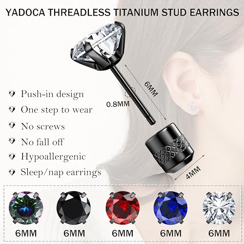YADOCA 5Pairs Threadless Flat Back Earrings for Men Women Hypoallergenic Surgical Stainless Steel Earrings Studs Rainbow Cubic Zirconia Piercing Sleeper Earrings Set for Cartilage Black Tone2