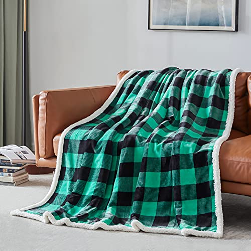 Touchat Sherpa Green and Black Buffalo Plaid Christmas Twin Blanket 60" X 70", Fuzzy Fluffy Soft Cozy Blanket, Fleece Flannel Plush Microfiber Blanket for Couch Bed Sofa (Green and Black)
