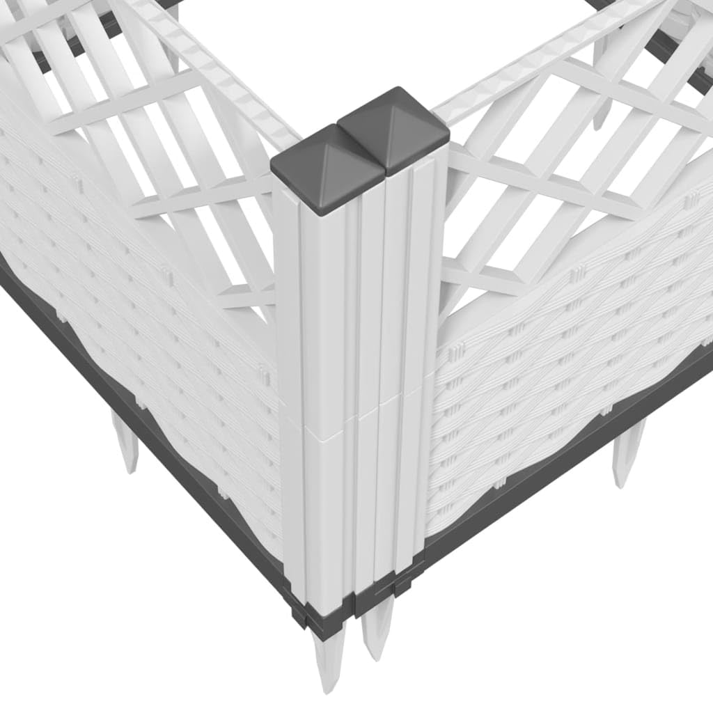 Jardinera con estacas, color blanco, 123,5 x 43,5 x 43,5 cm, bancal modular en aspecto de ratán, de plástico resistente, para jardín, terraza y balcón, 8 elementos