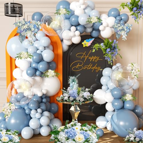 Image of Dusty Blue Balloon Arch Kit Maca Light Blue White Balloon Garland Bobo Balloons for Birthday Wedding Engagements Graduation Baby Shower Anniversary Party Decorations