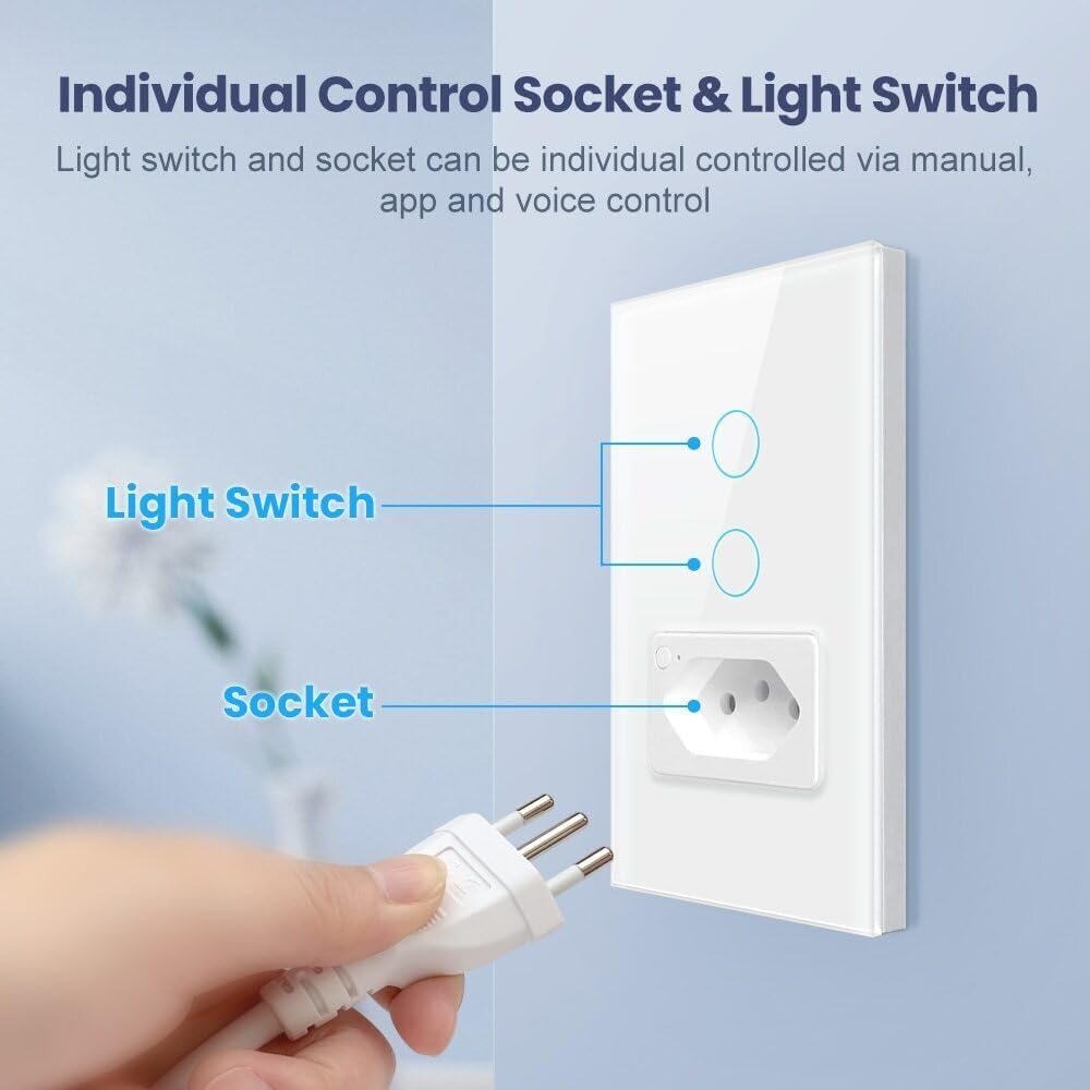 A close-up of the smart switch and socket, with labels pointing to the 'Light Switch' buttons and the 'Socket' itself, and a plug being inserted.