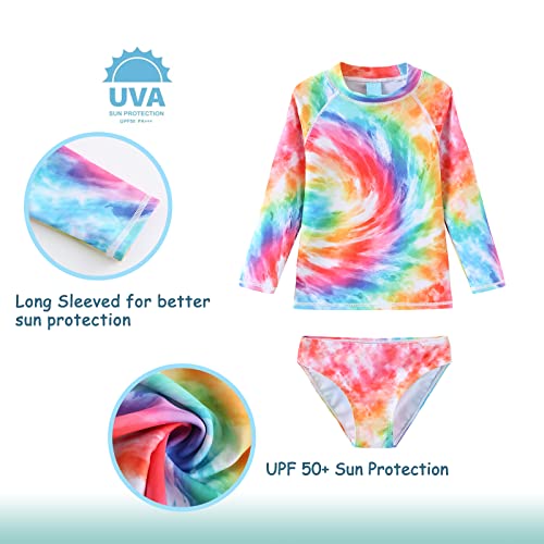 Image of Girls Long Sleeve Rash Guard Set Tie Dye Bathing Suits Two Piece Swimsuits for Kids Swim Shirts 3-16 Years