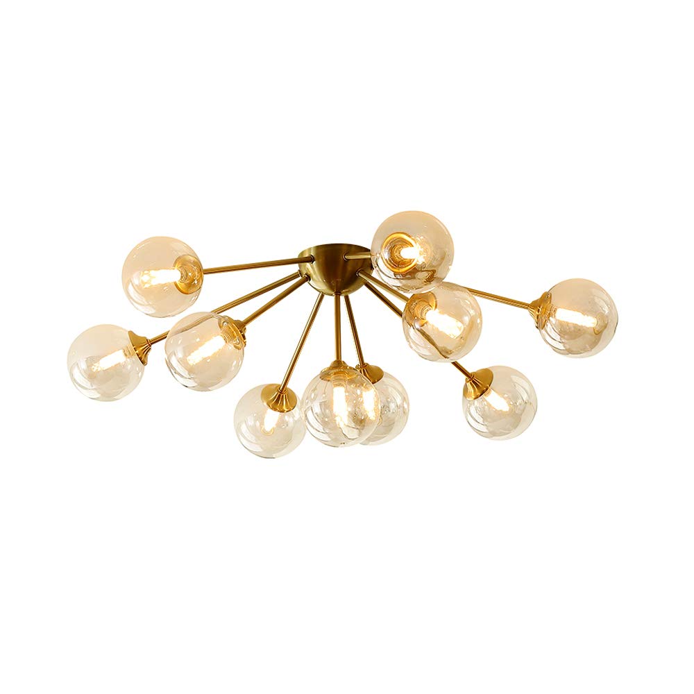 KCO Lighting Modern Bubble Chandelier Lighting 10-Lights Amber Glass Ceiling Light Mid Century Semi Flush Mount Ceiling Light Gold Globe Sputnik Chandelier Ceiling Light