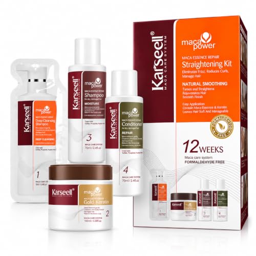 Karseell MACA CARE SYSTEM Kit Alisado Profesional con Queratina 12 semanas | Alisado profesional en casa, hasta 12 semanas, control de encrespamiento, cabello rizado y ondulado, sin formol 250 ml