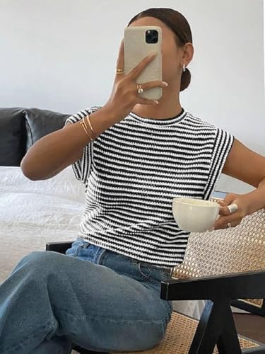 Image of Jawdrobe Women's Striped Western Top Round Neck Cap Sleeve T-Shirt for Women