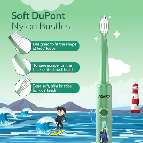Image of AGARO REX Lite Sonic Electric Kids Toothbrush with 3 Brushing Modes, 19000 Strokes per minute, Dupont Soft Nylon Bristles, Rechargeable Battery, Power Tooth Brush, Replaceable Heads