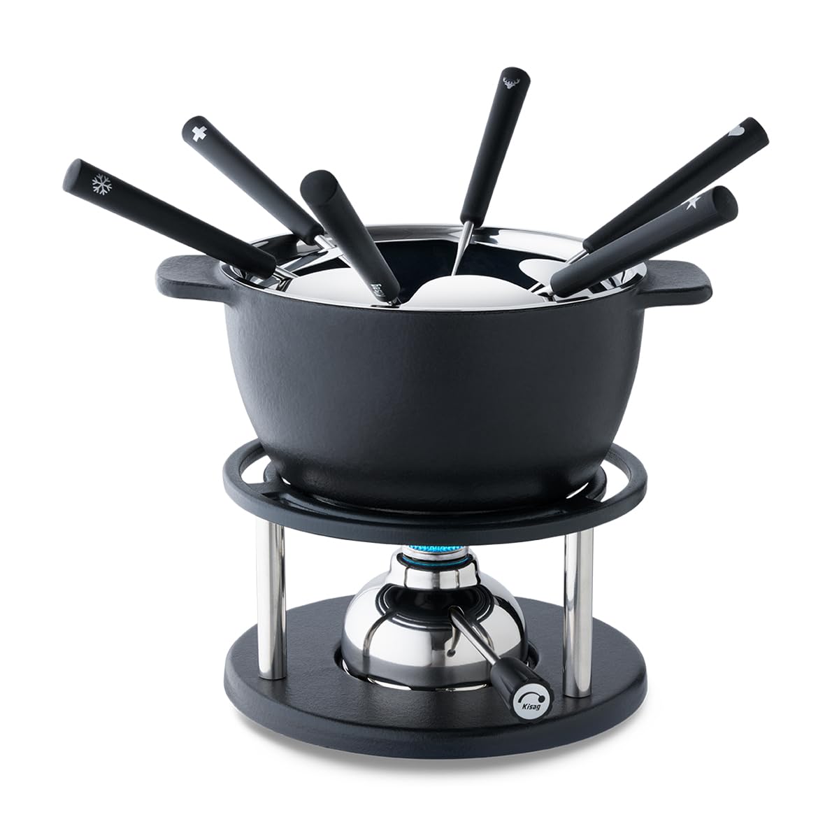 Kisag Twin Set à Fondue en Fonte pour 6 Personnes avec Casserole en Fonte Ø 16 cm Convient pour l'induction, réchaud Suisse avec brûleur à gaz et 6 fourchettes à Fondue, kit à Fondue au Fromage, à la