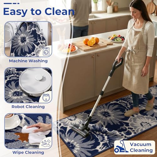 Findosom Hallway Runner Rug 2x6, Non Slip High-Low Textured Floral Washable Runner Rug with Rubber Backing, Boho Carpet Runner for Kitchen, Entryway, Bedroom, Laundry, Navy by Findosom - Used condition - Image 4