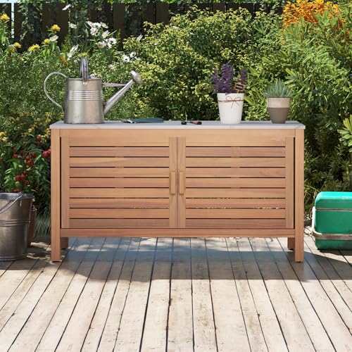 GOPLUS Armoire de Jardin Exterieur en Bois d'Acacia avec Plateau Faux Marbre, Coffre de Jardin Exterieur Plan de Jardinage Travail Abri d'Outils pour Balcon, 109 X 40 X...