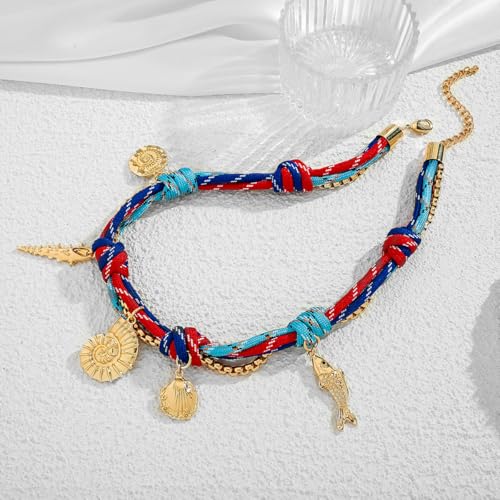Gold Sea Shell Charms Necklace For Women With Trendy Hand Braided Rope Seashell Conch Necklace Summer Beach Necklaces Fashion Starfish Necklaces Jewelry Gift4