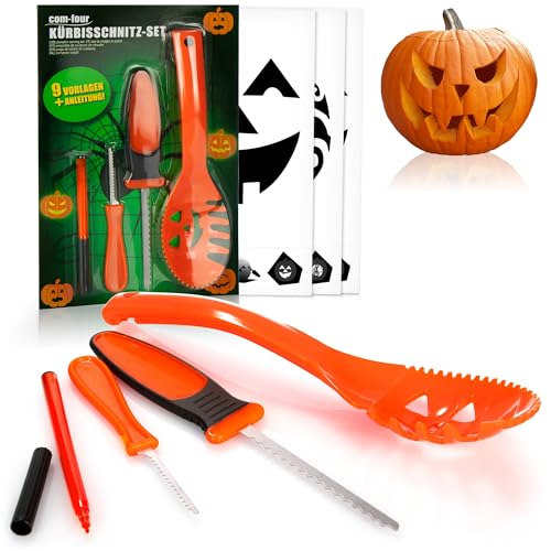 com-four® Juego de 13 piezas para tallar calabazas para Halloween - Herramientas de corte para ahuecar calabazas (Juego de tallado naranja)