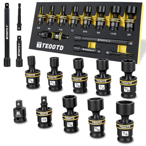 Image of 13 PCS 3 /8-Inch Drive Swivel Socket Set, SAE Universal Impact Socket Set, 6-Point, 5 /16 inch-3 /4 inch, CR-MO Flexible Wobble Sockets,with 3 inch 6 inch Extension Bars and Adapter