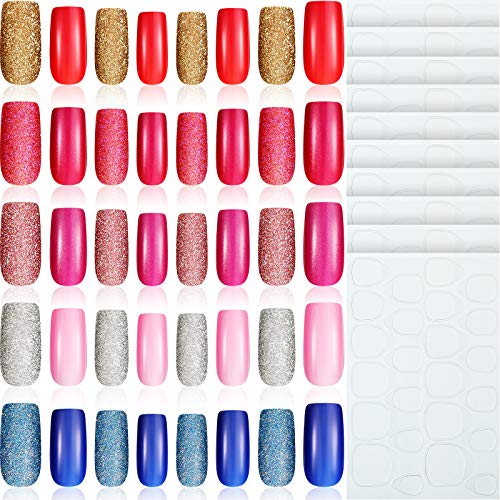 288 Pieces Medium Square False Nails Set, 144 Pieces Glossy Fake Nail Tips 144 Pieces Glitter Fake Nails Full Cover False Nails Press on Nails with Glue Stickers for DIY Nail Salon Art