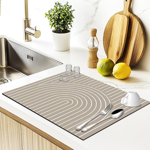 JFFTLL Boho Abstract Dish Drying Mat, Modern Minimalist Neutral Lined Absorbent Dish Drainer Reusable Washable Drying Mat Pad for Kitchen Counter, Boho Kitchen Decor, 12×15 Inch