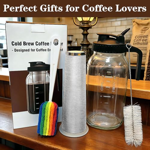 Image of Cold Brew Coffee Maker, 64oz Cold Brew Pitcher with Stainless Steel Filter & Coffee Mat, Glass Cold Brew Mason Jar with Airtight Lid, Cold Brew Brewer Kit Tea Infuser Pitcher, Gifts for Coffee Lovers