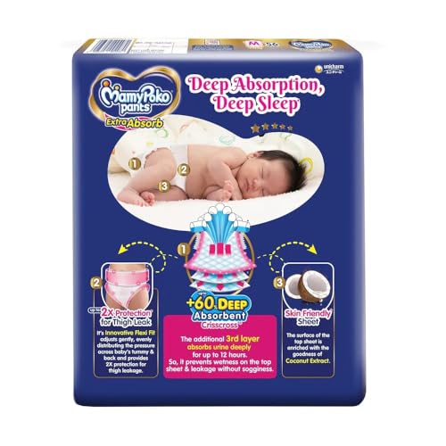 Image of MamyPoko Pants Extra Absorb Baby Diapers, Medium (M Size) | 7-12 kg | 56 Count |Deep Sleep Diapers| Soft Gentle fit |Deep Absorbent Crisscross | Skin Friendly with Coconut Oil | (Pack of 4)