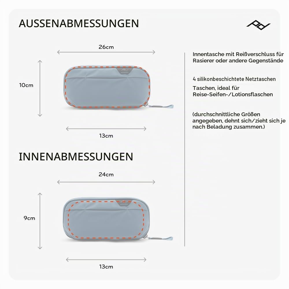 Peak Design Kleiner Waschbeutel, Ozean, wetterfest, Reise-Kulturbeutel, aufrecht oder hängend, mit Taschen, magnetische Zahnbürstentasche, breite UltraZip-Öffnung, Kulturbeutel für Damen und Herren