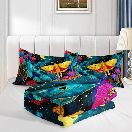 Image of AILONEN Full Neon Moth Comforter Set, Colorful Butterfly Mushroom Bedding, Botanical Night Garden Decor, Lightweight Microfiber Teens Gamer Cool Loft