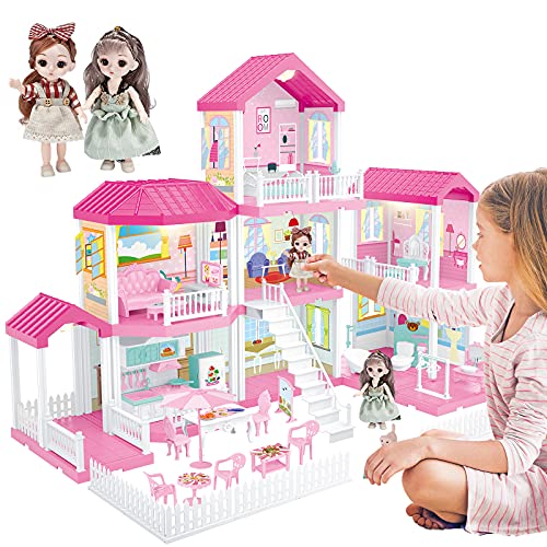 PP PICADOR 244 Pieces Doll House for Kids Girls, Dreamhouse Furniture Toys Figure wtih Lights, Accessories, Pets, DIY Cottage Pretend Play Doll House Gift Kit for Baby Toddlers