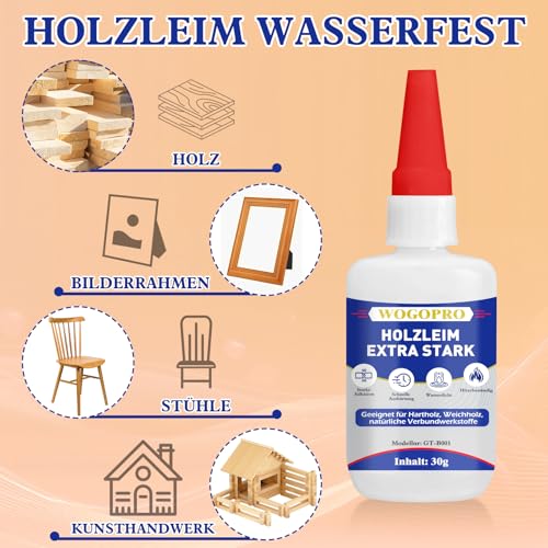 Holzleim Extra Stark, Holzkleber Wasserfest, Transparent und Schnell Trocknender Holzleim für Vielseitige Verleimungs- & Bastelarbeiten, 30g