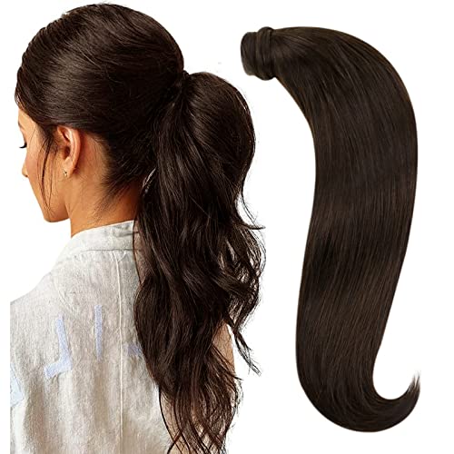 RUNATURE Human Hair Ponytail Extension 14 Inch 70g Darkest Brown Ponytail Hair Extensions Real Straight Wrap Around Ponytail Human Hair Magic Paste Clip on Pony Tails Extensions Human Hair