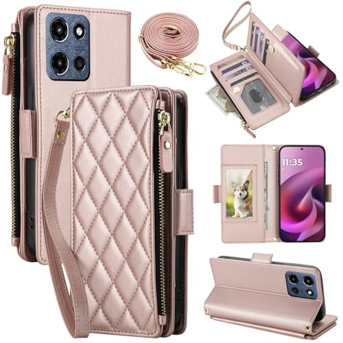Housse Motorola Edge 60 5G or rose à sangle motif grille pour sorties et voyage