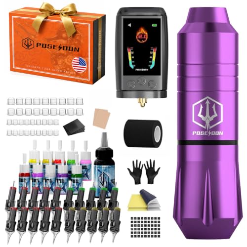 POSEIDON Cordless Tattoo Gun Kit for Beginners Tattoo Pen Kit with 2300mAh Battery 20 Needles Inks & Practice Skin Complete Tattoo Machine kit Tattoo Supplies