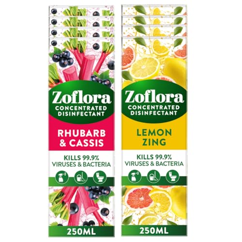 Zoflora Lemon Zing and Rhubarb & Cassis Concentrated Multipurpose Disinfectant Liquid, Antibacterial Multi-surface Cleaner, Pet-Friendly, Kills 99,9% of Bacteria & Viruses, 8 x 250ml