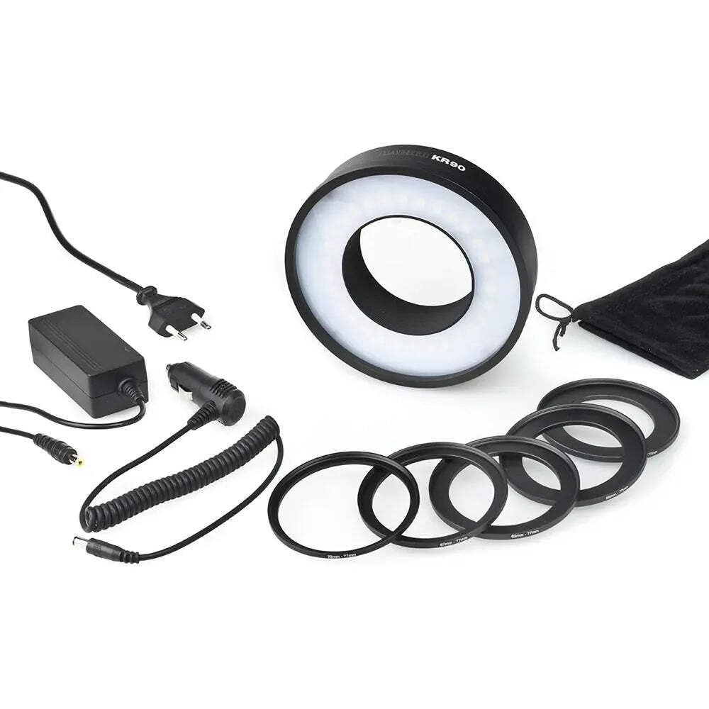 Kaiser Fototechnik 3250 KR90 - Luce ad anello, 30x LED tre chip, filettatura del filtro: 77 mm, batteria integrata, incl. anello adattatore, 55-72 mm, colore: Nero