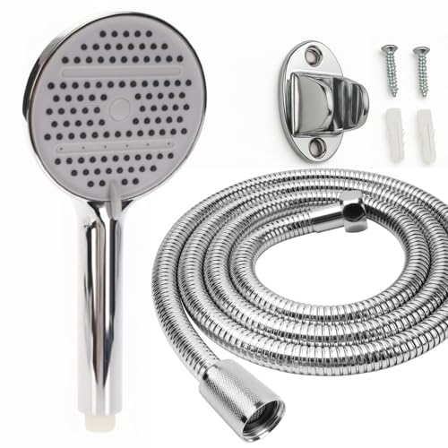 Alcachofa de Ducha Multifunción con Manguera, Plata, ABS Cromado, 12 cm, Alcachofa de ducha con manguera + 1.5 m, Alta Presión, 5 Funciones, Manguera 1.5 m
