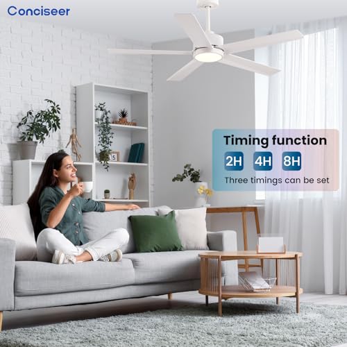 Image of Conciseer Modern Ceiling Fans with Lights,52 Inch Ceiling Fans with Remote for Bedroom Living Room Kitchen, 18W 6CCT Dimmable,5 Blades 6 Speed Reversible Quiet DC Motor White