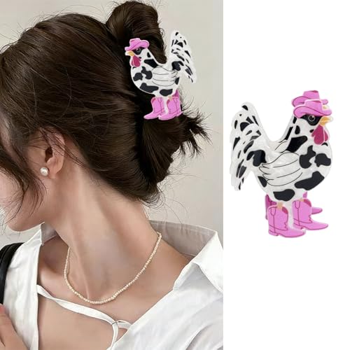 Rooster Hair Clips Cute Pink Boots Western Cowboy Hat Rooster Design Acetate Hair Claw Clip Funny Large Non-Slip Acrylic Jaw Barrettes Western Cowboy Style Shark Claw Clip Hair Accessories for Women