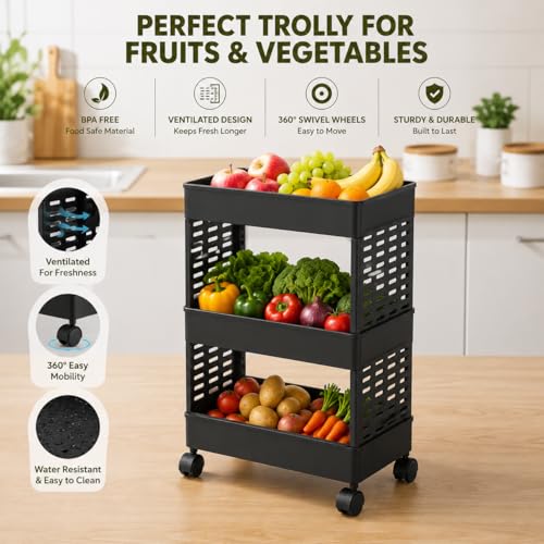 Image of wall love Plastic Storage Rack Trolley with Wheels for Kitchen, Bathroom & Bedroom - Multipurpose Organizer Shelf Rack for Fruits, Toiletries, Snacks and Household Storage (3 Layer)