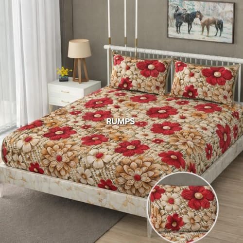 Image of RUMPS 380 TC Premium Heavy Cotton 7D Print Fast Colour Feel Elastic Fitted Floral Bedsheet King Size with 2 Pillow Covers || (red Coffer, Fitted - 72 inchx78 inch King)